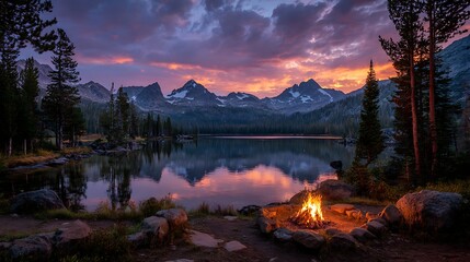Aufkleber - Twilight campfire at high snow capped mountains in most beautiful multi colored sky in mountain lake landscape