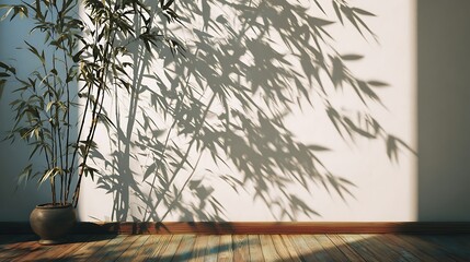Poster - Tranquil bamboo background with shadows on a plain wall