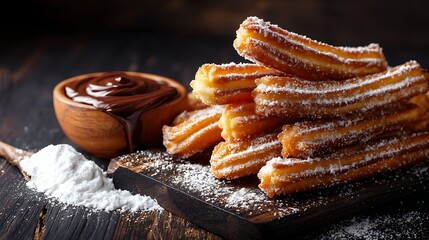 Poster - Traditional spanish dessert churros with sugar and chocolate set, on dark background, piles of sugar powder churros dessert