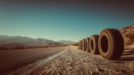 Aufkleber - Tires lined up on the side of the road, ready for the journey ahead, symbolizing the freedom, adventure, and endless possibilities of the open road