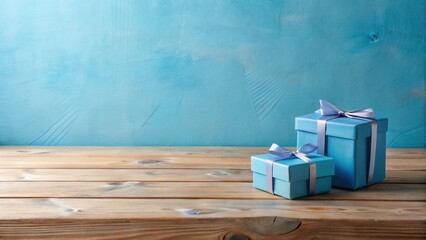 Aufkleber - Two Light Blue Gift Boxes on Rustic Wooden Table Against a Textured Blue Wall