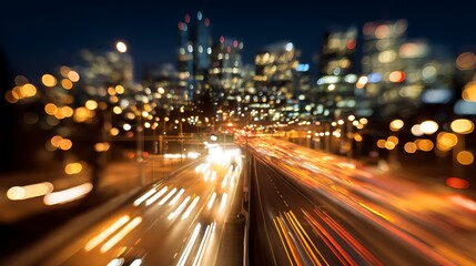 Poster - The motion blur of a busy urban highway during the evening rush hour, the city skyline serves as the background, illuminated by a sea of headlights and taillights
