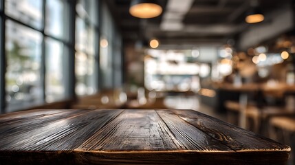 Poster - The dark wood table in the cafe with a blurred background