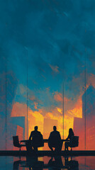 Poster - silhouetted businesspeople seated at a table, overlooking a vibrant cityscape sunset. the scene depi