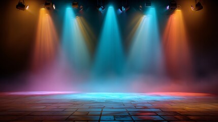 Poster - Theater stage light background with spotlight illuminated the stage, empty stage with bright colors backdrop decoration, entertainment show