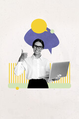 Poster - Pop banner trendy vertical photo collage of happy girl guy hold laptop type message communication icon email dialogue networking