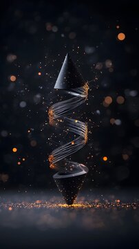 Dark Abstract 3D Render of Glowing Gold Spiral and Black Cones