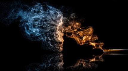 Poster - Artistic Representation of a Skull Emitting Tobacco Smoke in Blue and Orange Against Dark Background