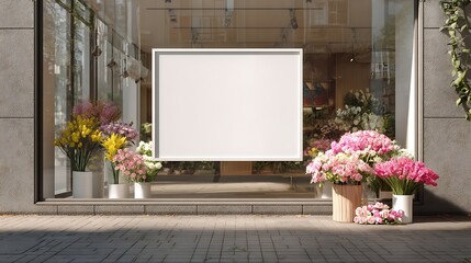 Poster - Street outdoor view of a generic flower or roses shop display welcome window with blank clean signboard mockup