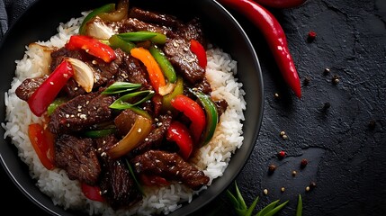 Poster - Stir fry chinese pepper beef steak with onion red and green bell pepper rice in bowl, creative banner, copyspace image