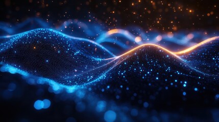 Poster - Quantum Computing Waves - Vibrant particle waves and digital threads in electric blue, symbolizing AI processing.