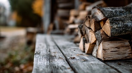 Poster - Stack of firewood, grey wooden table autumn, blurred background