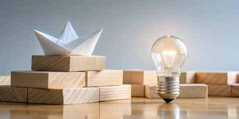 Aufkleber - Illuminated Voyage A Paper Boat on Wooden Blocks, Symbolizing Innovative Ideas and Creative Solutions for Progress