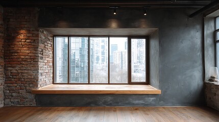 Aufkleber - Spacious floor to ceiling window on concrete wall with wooden sill, stylish loft industrial interior with brick and dark background, ideal for adding text