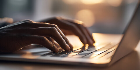 Poster - Close-up of dark-toned hands typing on laptop keyboard, illuminated by warm light, suggesting focus, productivity, and digital work.