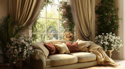 Aufkleber - Sofa cushions window curtains plant interior decoration details
