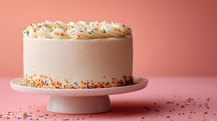 Poster - Simple vanilla white cake on a solid white background with empty space and some sprinkles