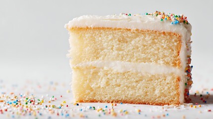 Poster - Simple vanilla white cake on a solid white background with empty space and some sprinkles