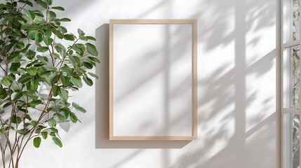 Poster - Simple minimalist frame mockup poster hanging on the white wall with plant decoration, wall background with window light and shadow, empty frame with reflection, transparency isolated