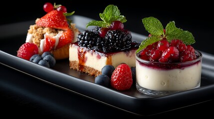 Poster - Set of desserts with fresh fruit on a black flat plate