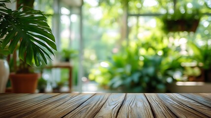 Aufkleber - Selective focus, wood table top with livingroom and greeny leaves, foliage of tropical garden, contemporary of kitchen or ivingroom, interiors background