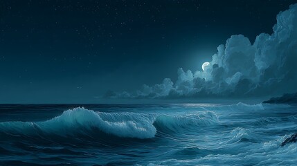 Poster - Seascape night fantasy of beautiful waves as illustration