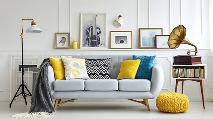 Poster - scandinavian white room with design sofa, bookstand with accents, pillows, blanket, gramophone, and 