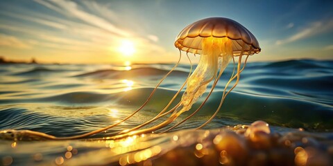 Poster - Golden Jellyfish at Sunset An Underwater Ocean Scene of Graceful Aquatic Life