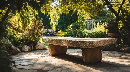 Aufkleber - Rustic elegance in nature, empty stone table in beautiful garden providing stunning background for design and display perfect for summer relaxation