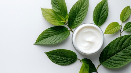 Poster - Round cosmetic natural cream open jar with green leaves on white background top view with copy space