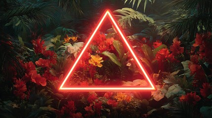 Aufkleber - Red triangle neon light, tropical jungle floral background
