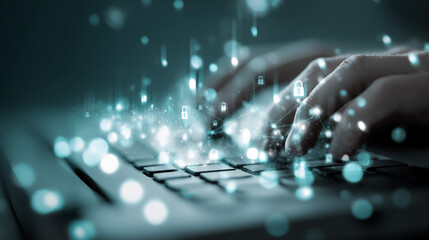Leinwandbilder - Hands typing on laptop keyboard, glowing network and lock icons symbolizing online security and data protection, ideal for tech or cybersecurity concepts