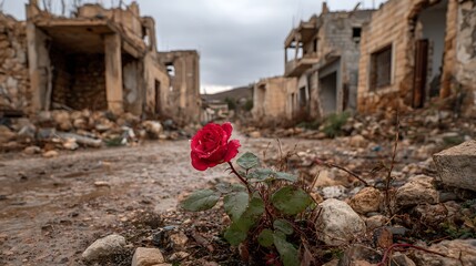 Aufkleber - Red rose on the ruins of damaged house in palestine