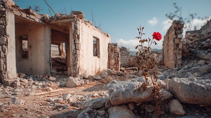 Poster - Red rose on the ruins of damaged house in palestine