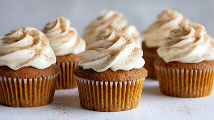 Poster - Pumpkin cupcakes on a white table topped with cream cheese frosting and dusted with cinnamon