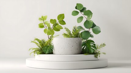 Poster - Product display podium with nature leaves on white background, 3d rendering