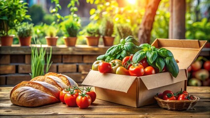 Poster - A sunlit rustic scene of freshly harvested tomatoes and basil nestled in a cardboard box, accompanied by a loaf of crusty bread, all arranged on a weathered wooden table