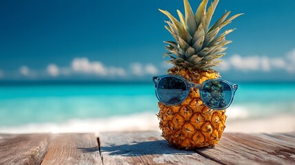 Poster - Pineapple with sunglasses on tropical sea summer background