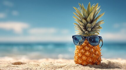 Poster - Pineapple with sunglasses on tropical sea summer background