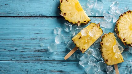 Poster - Pineapple slices, popsicle sticks, and ice displayed on a blue wooden table with empty space, creating a summer fruit party theme