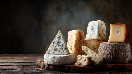 Poster - Photo of a delicious variety of cheeses displayed on a rustic table with copy space