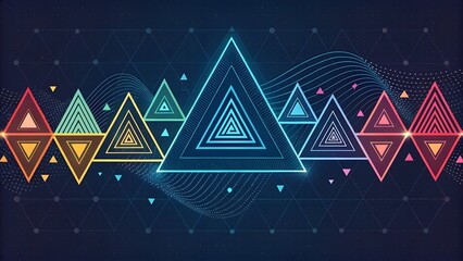 Aufkleber - Colorful geometric triangles arranged in a pattern on a dark blue background with dotted lines and waves