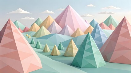 Aufkleber - Pastel landscape with geometric pyramids and paper clouds in a low poly style illustration art