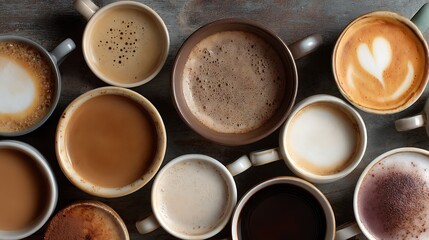 Poster - Multiple cups of coffee with variety of coffee drinks overhead view