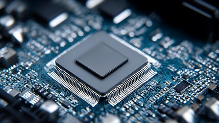 Fototapete - Modern microchip on computer motherboard as processor technology concept