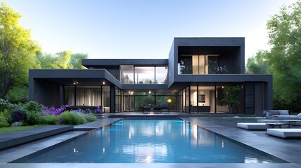 Poster - Modern luxury house minimalist mansion black villa large architecture home exterior building with blue sky and black stone slab garden with pool 3d illustration render