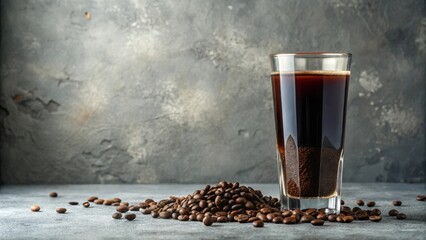 Aufkleber - Aromatic Dark Brew Coffee Beans and a Glass of Rich, Dark Coffee Resting on a Textured Surface