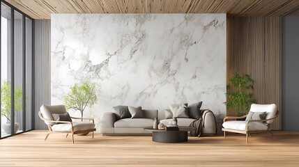 Poster - modern living room interior with wooden floors, marble walls, and sofas, interior scene and mockup