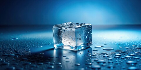 Aufkleber - A single, clear ice cube rests on a cool, dark surface, glistening with condensation droplets reflecting ambient light.