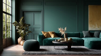 Poster - Modern cozy living room with monochrome emerald green wall, contemporary interior design with dark wall color, table and sofa